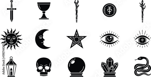 Collection of mystical and occult symbols including a skull, pentagram, sun, moon, and magic items