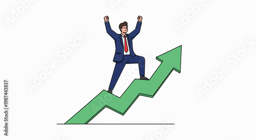 A cartoon businessman in a blue suit and red tie celebrates on top of a rising green arrow graph on a white background with a joyful mood.