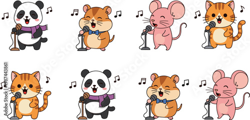 Cute Cartoon Animals Singing with Microphone Set with Panda Hamster Mouse and Cat Music Character Collection
