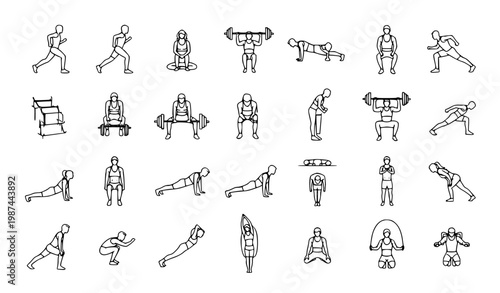 Fitness training exercises vector set black and white workout people outline illustration collection