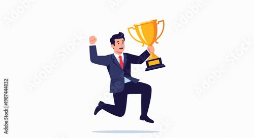 A cheerful businessman in a suit and red tie runs while holding a trophy cup and celebrating in mid-air against a clean white background with a joyful mood.
