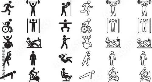 Large Stick Figure Silhouette Icon Set Featuring Running Weightlifting Cycling Wheelchair Sports Leg Press Sit Ups And Stretching For Fitness Training And Wellness