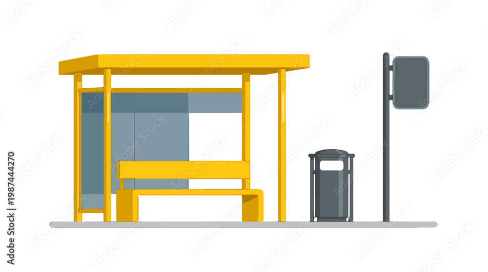 Fototapeta premium Modern Yellow Bus Stop Shelter With Bench And Trash Bin.