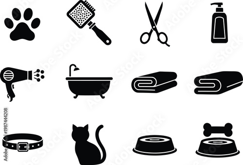 Collection of black pet grooming and care icons including bath brush scissors and food bowl