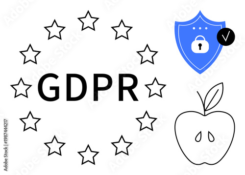 GDPR concept. GDPR with European stars, a secure shield, and an apple data protection, compliance, and privacy. GDPR ensures secure personal information and compliance. cybersecurity, privacy EU