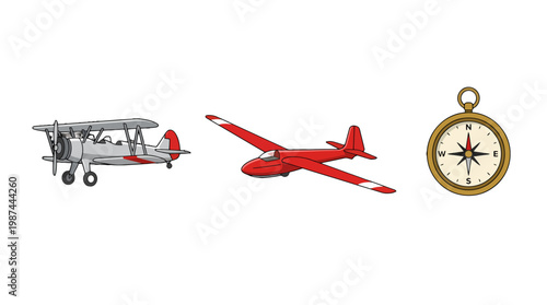 Illustration of vintage biplane red glider and golden antique compass.
