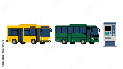 Public transportation buses and an electronic ticket vending machine.