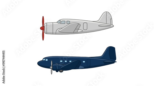 Set of two vintage propeller airplanes illustration.
