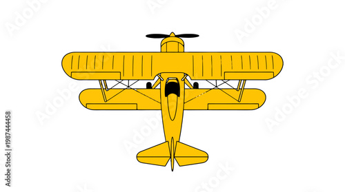 Top view of a vintage yellow biplane aircraft illustration.