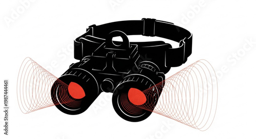 A vector graphic illustration of night vision binoculars with red lens glow