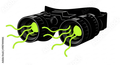 A vector graphic illustration of binoculars with green sperm emerging from the lenses on a white background