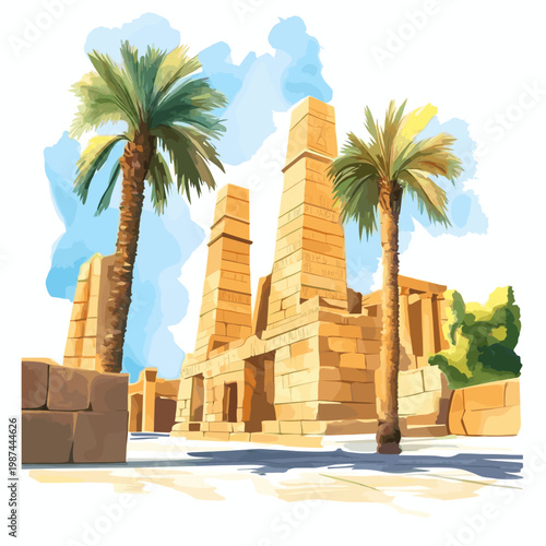 Karnak Temple. Karnak Temple hand drawn watercolor illustration on white background