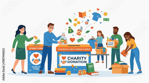 People contribute to charity, supporting essential donations with acts of kindness. This illustration highlights a supportive community, reflecting compassion and unity.