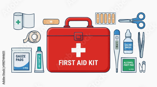 An illustrative flat-lay depicts an essential first aid kit, containing vital medical supplies necessary for treating injuries, emergencies, and ensuring safety in various situations. 