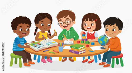 A group of kids are studying and playing. A colorful scene depicts a group of children, all focused on various activities. They study books, build blocks, hold a globe. A charming snapshot of youth.