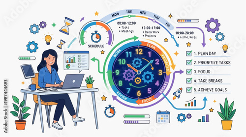 A visual representation of productivity and time management. A dedicated person focuses on planning and organizing the day's tasks with attention to details.