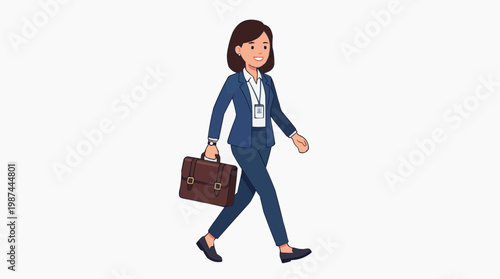An illustration captures a woman in a suit, confidently striding forward, embodying business acumen and professional ambition with briefcase in hand, set against an uncluttered backdrop.