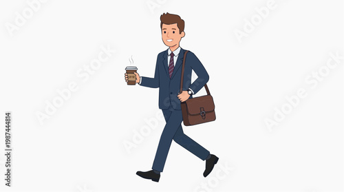 A businessman walks purposefully with a cup of coffee and a briefcase. This image portrays a sense of routine, ambition, and the daily grind of a professional life.