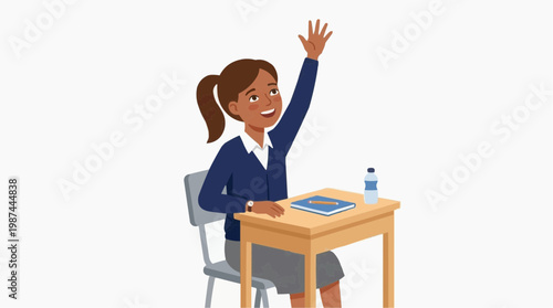 A young student raises her hand confidently in a classroom setting, an illustration of eagerness and engagement, set against a simple backdrop, capturing the essence of learning.
