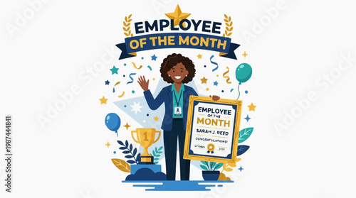Illustration of a top employee being celebrated, with an award. Illustrating career success and recognition. 