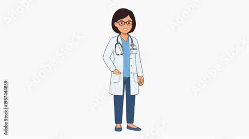 A dedicated female doctor stands confidently, wearing a stethoscope, providing medical healthcare in a simple illustrative way.
