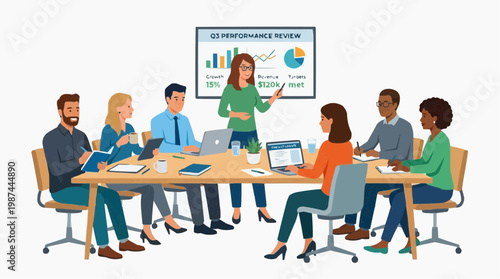 A focused businesswoman leads a strategic presentation, surrounded by attentive colleagues, as they navigate through important data displayed on a monitor during a team meeting. 