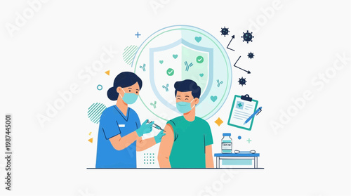 A medical professional administers a vaccine injection to a patient, symbolizing health, wellness, and disease prevention with a shield graphic.