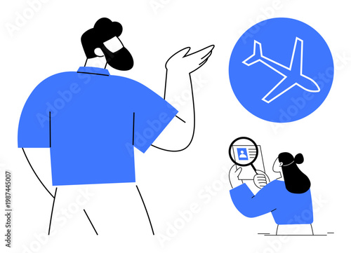 Travel security. Travel highlighted through ID verification and passenger processing. Travel ed by airplane icon and secure document inspection. For airport operations, air travel, identification