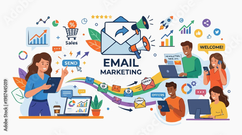 Envision a dynamic visual presentation centered around Email Marketing, teeming with individuals and a vibrant array of interconnected elements, representing effective communication, growth.