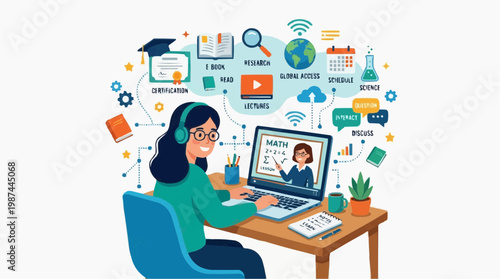 Young woman immerses herself in a world of knowledge and innovation as she engages in a digital learning experience. Illustrated by icons of education, internet, and devices.