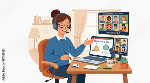Online educator, connecting with students in an inviting digital classroom setting. Engaging presentation on screen. Illustrated image of the setting, creating a sense of a modern education. 