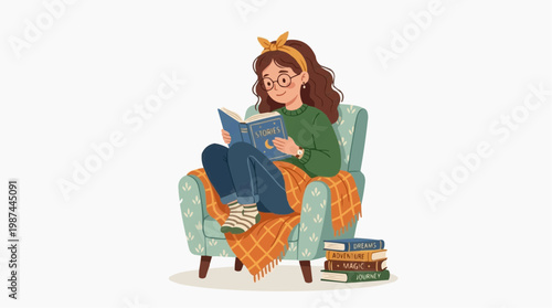 A young woman engrossed in a book, lounging comfortably in an armchair, capturing the essence of leisure and the allure of reading.