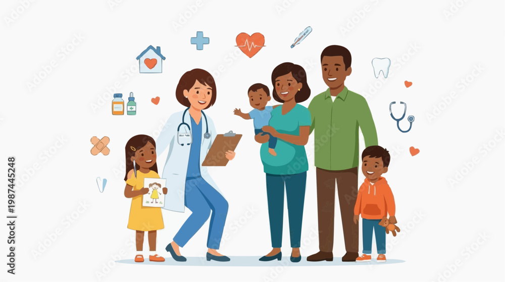 Obraz premium A heartwarming illustration captures a visit to the doctor's office, showing a family consulting with a healthcare professional, with health and wellness elements surrounding them.