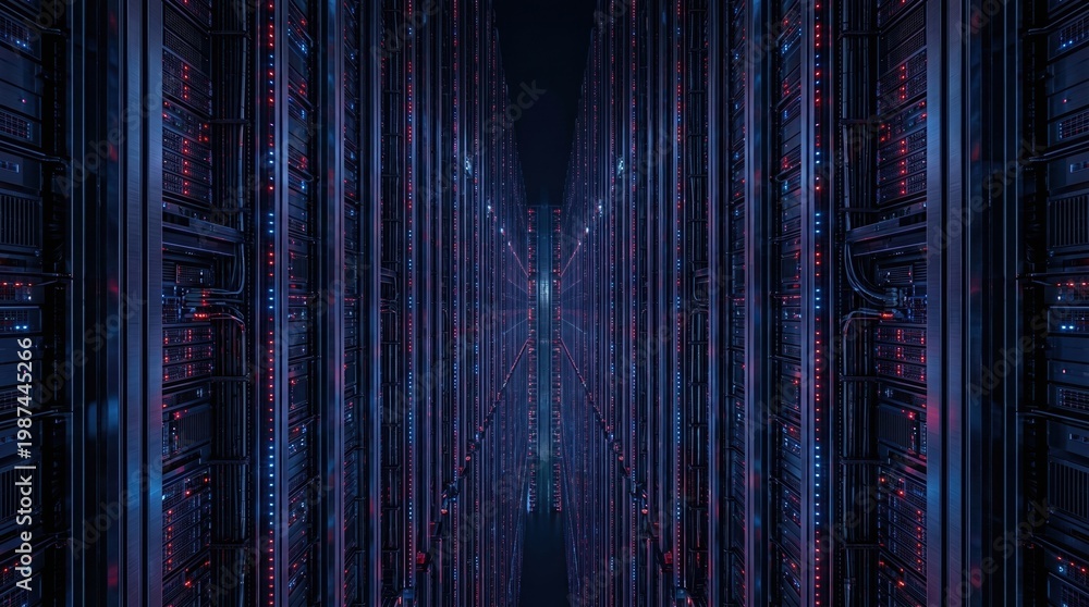Obraz premium Symmetrical futuristic perspective of a massive dark server room corridor filled with tall hardware racks illuminated by red and blue neon lights. Cloud data storage, network computing.