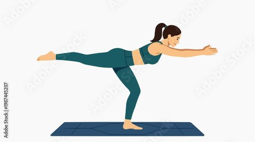 A woman demonstrates grace and balance while performing a yoga pose on a serene, textured mat.