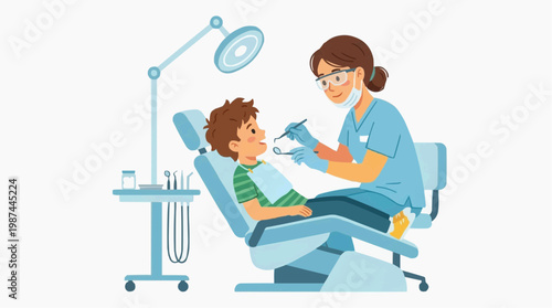 A pediatric dental appointment: a young patient sits patiently in the chair as the dentist performs a routine checkup, ensuring healthy and happy smiles.