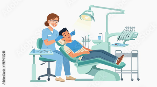 A patient undergoes dental care in a modern clinic setting. The scene features a professional dentist attending to a patient.