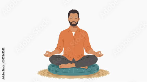 A serene man with beard sits in meditation, practicing mindfulness, a state of focused tranquility and mental calm.