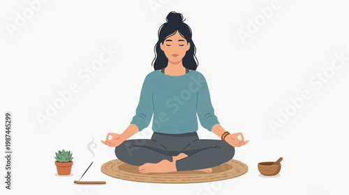 A woman finds inner peace through meditation in a peaceful setting, representing a lifestyle of tranquility and mindfulness. 