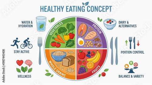 A vibrant and informative illustration of a healthy eating concept guides viewers through a balanced approach to wellness, presenting key food groups and lifestyle choices. 