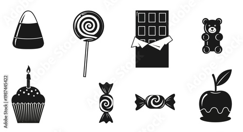 Assortment of sweet treats and candies in black and white silhouette.