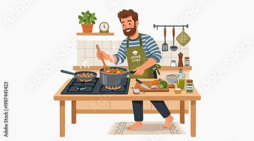 A man expertly prepares a vibrant and savory meal in a warmly lit, inviting kitchen setting, emphasizing the joy of cooking, fresh ingredients and culinary artistry.