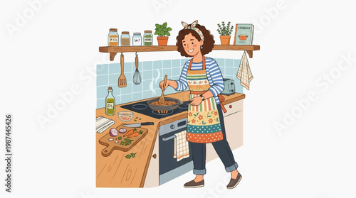 A woman in the kitchen cooking food with stove, pans, vegetables. Featuring a cheerful illustration style, depicting a woman in her kitchen, where culinary magic is brought to life.