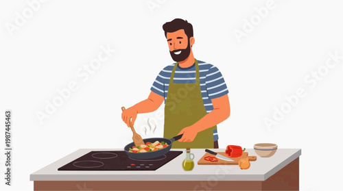 A happy man prepares a delightful meal in the kitchen, enjoying the art of cooking with a modern stove and fresh ingredients.