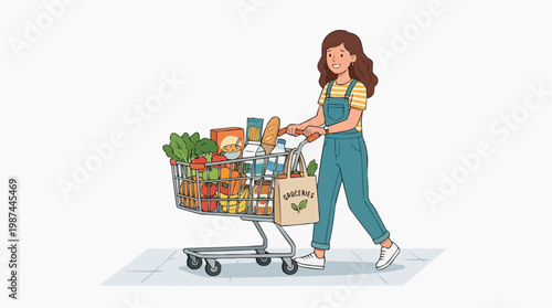 A woman navigates a shopping cart filled with groceries. conveying the essence of daily life, shopping, grocery store.