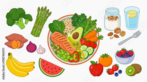 An appetizing illustration of a vibrant and nutritious plate featuring an assortment of colorful fruits, vegetables, and wholesome ingredients, ideal for promoting a healthy lifestyle.