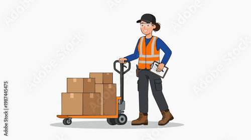 A determined female warehouse worker efficiently manages logistics. She navigates the complex flow of goods, embodying expertise and reliability in a dynamic work environment. 