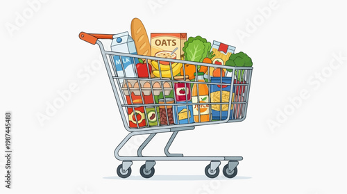 A vibrant shopping cart overflows with a diverse array of fresh groceries. Capturing the essence of abundance, convenience, and modern living.