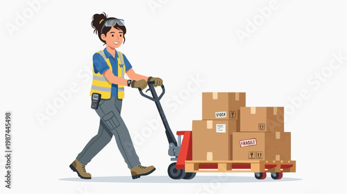 A determined worker meticulously transports packages on a pallet jack in a bustling warehouse, symbolizing efficiency and logistics.