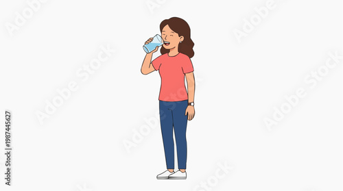 A refreshing illustration captures a woman taking a satisfying sip of water, emphasizing the importance of hydration and wellness. 